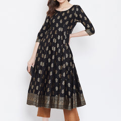 Poshak Hub Women Black Cotton Golden Printed Anarkali Kurta.