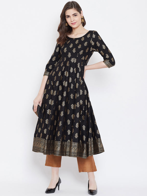 Poshak Hub Women Black Cotton Golden Printed Anarkali Kurta.