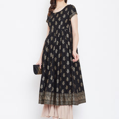 Poshak Hub Women Black Cotton Golden Printed Anarkali Kurta.