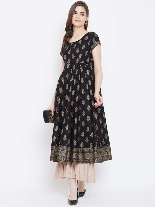 Poshak Hub Women Black Cotton Golden Printed Anarkali Kurta.
