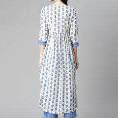Poshak Hub Women White-Blue Cotton Printed Front Slit A-Line Kurta with Palazzo