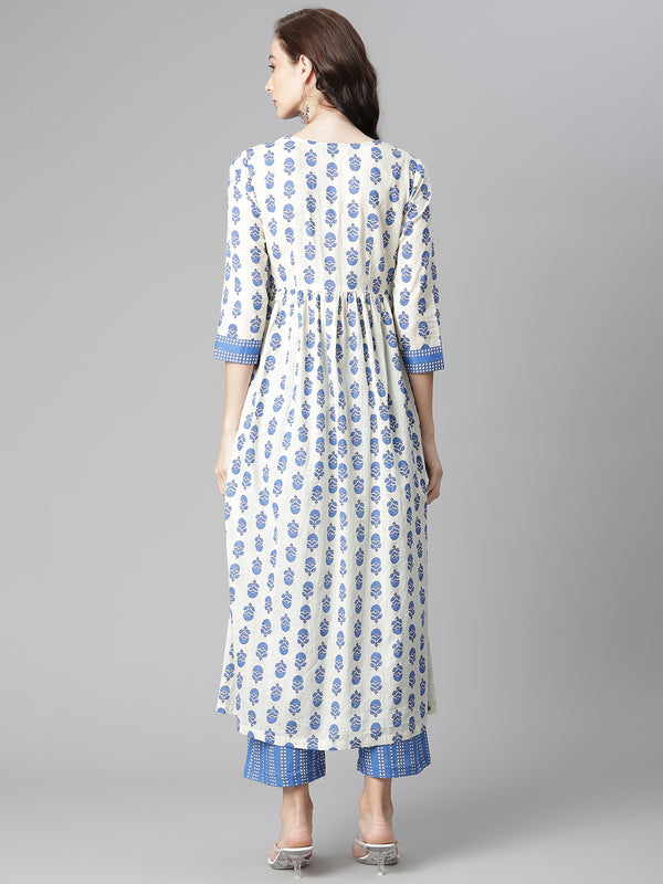 Poshak Hub Women White-Blue Cotton Printed Front Slit A-Line Kurta with Palazzo