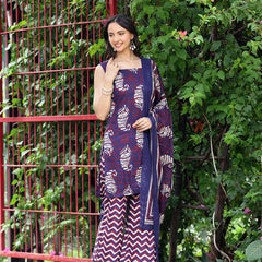 Women Navy Blue & Maroon Ethnic Motifs Printed Straight Kurta with Palazzo & Dupatta (Set of 3)