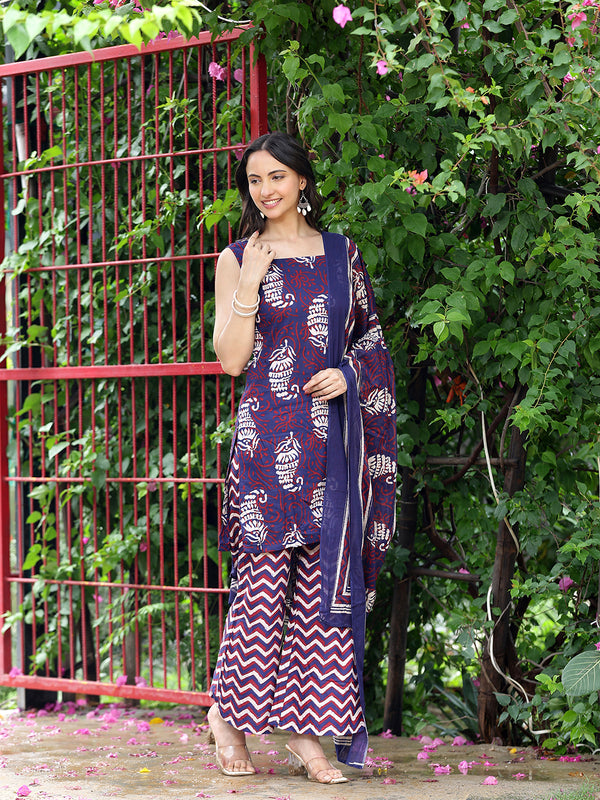 Women Navy Blue & Maroon Ethnic Motifs Printed Straight Kurta with Palazzo & Dupatta (Set of 3)
