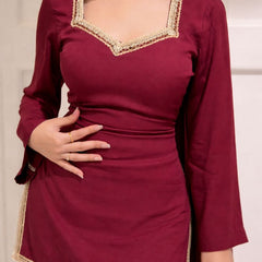 Maroon Kurta with Flared Palazzo Set with Golden Embellished Neckline