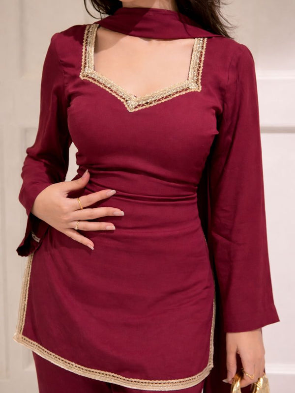 Maroon Kurta with Flared Palazzo Set with Golden Embellished Neckline