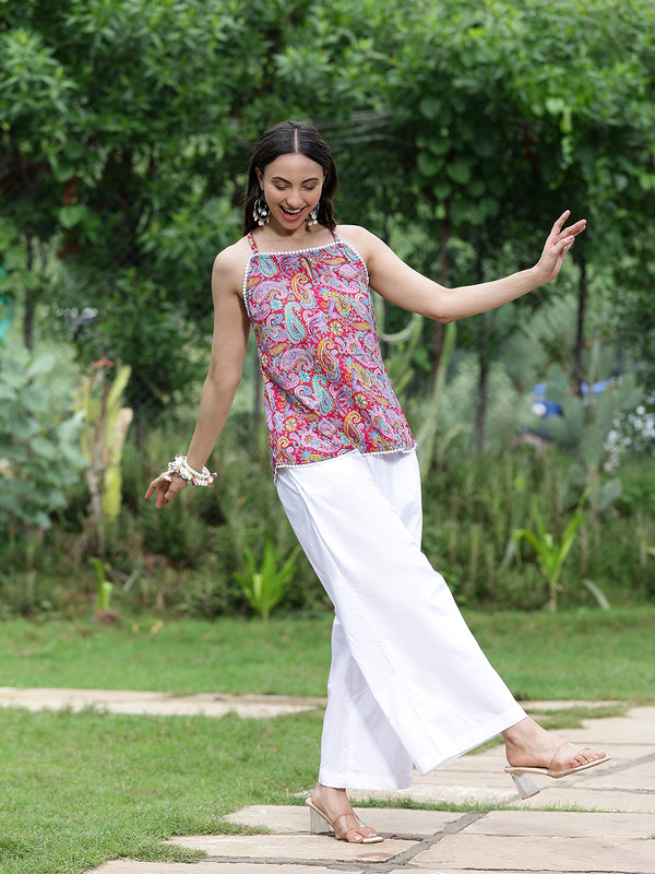 Women Pink Paisley Printed Sleeveless Shoulder Strap Tunic