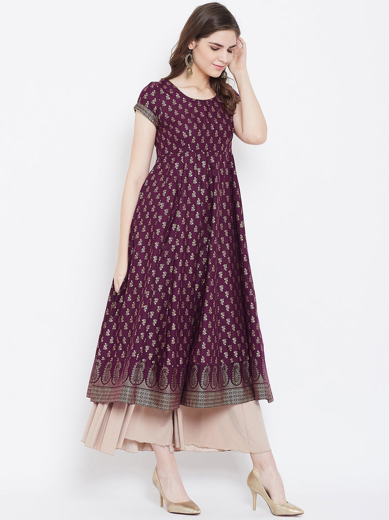 Poshak Hub Women Purple Cotton Golden Printed Anarkali Kurta.