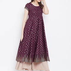 Poshak Hub Women Purple Cotton Golden Printed Anarkali Kurta.
