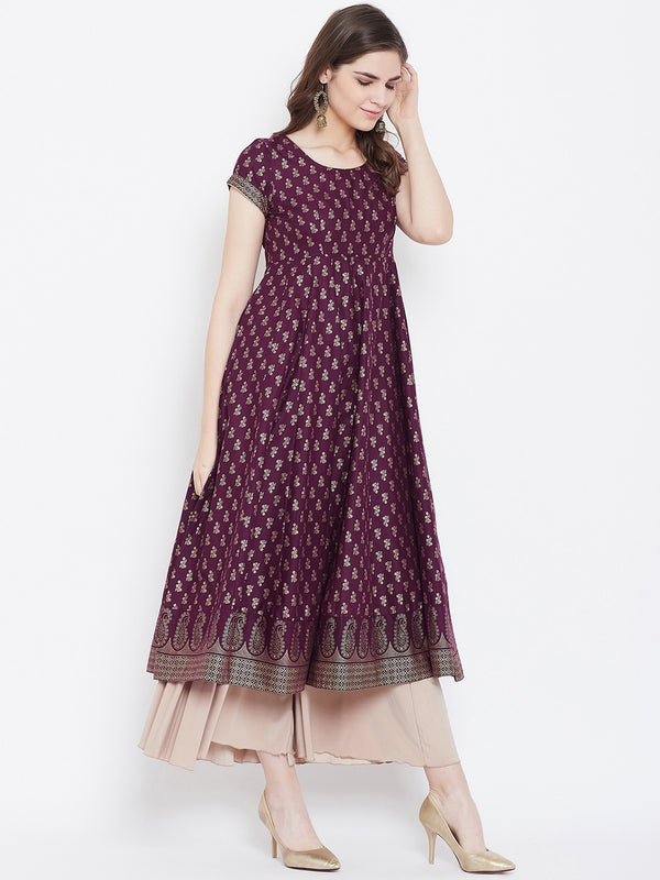 Poshak Hub Women Purple Cotton Golden Printed Anarkali Kurta.