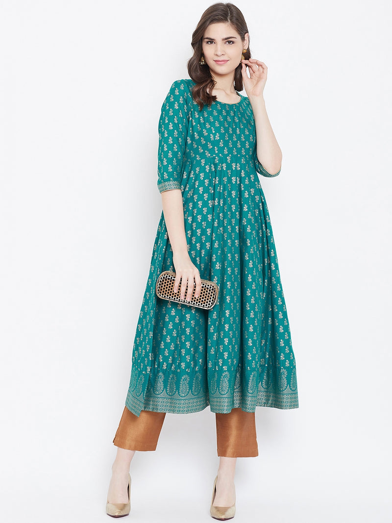Poshak Hub Women Turquoise Cotton Golden Printed Anarkali Kurta.