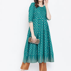 Poshak Hub Women Turquoise Cotton Golden Printed Anarkali Kurta.