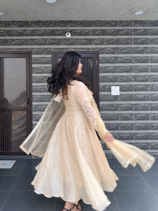 Ivory Embroidered Anarkali Suit Set with Sheer Dupatta