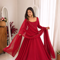 Ruby Red Embellished Anarkali Suit Set for Women