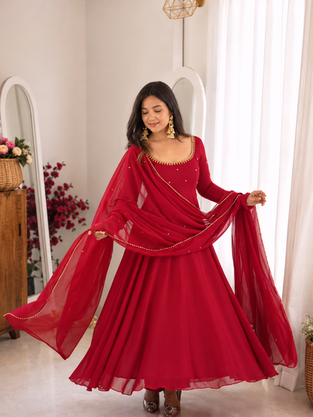 Ruby Red Embellished Anarkali Suit Set for Women