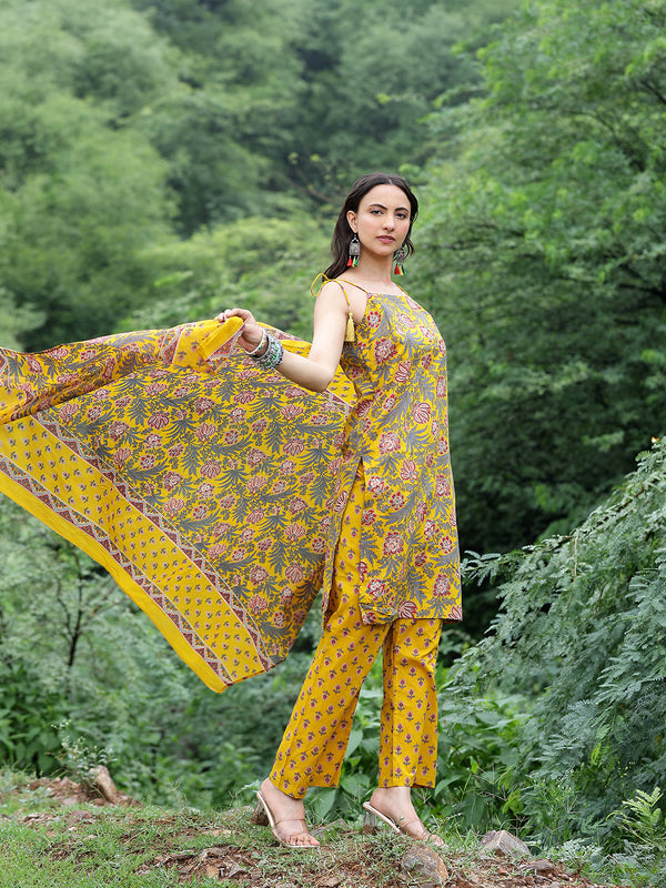 Women Mustard Yellow Floral Printed Straight Kurta with Printed Trousers & Dupatta (Set of 3)