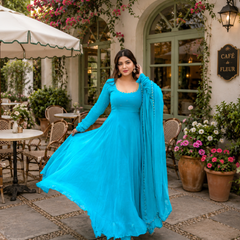 Turquoise Georgette Anarkali Suit Set with Dupatta
