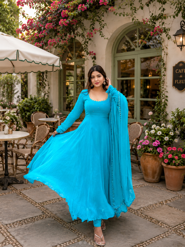 Turquoise Georgette Anarkali Suit Set with Dupatta