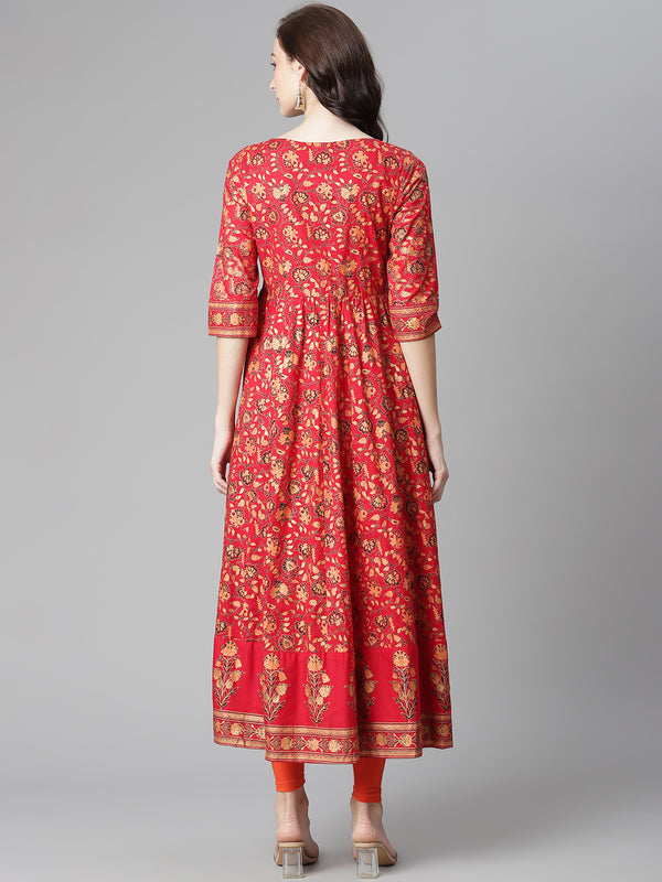 Poshak Hub Women Red Cotton Printed Anarkali Kurta.