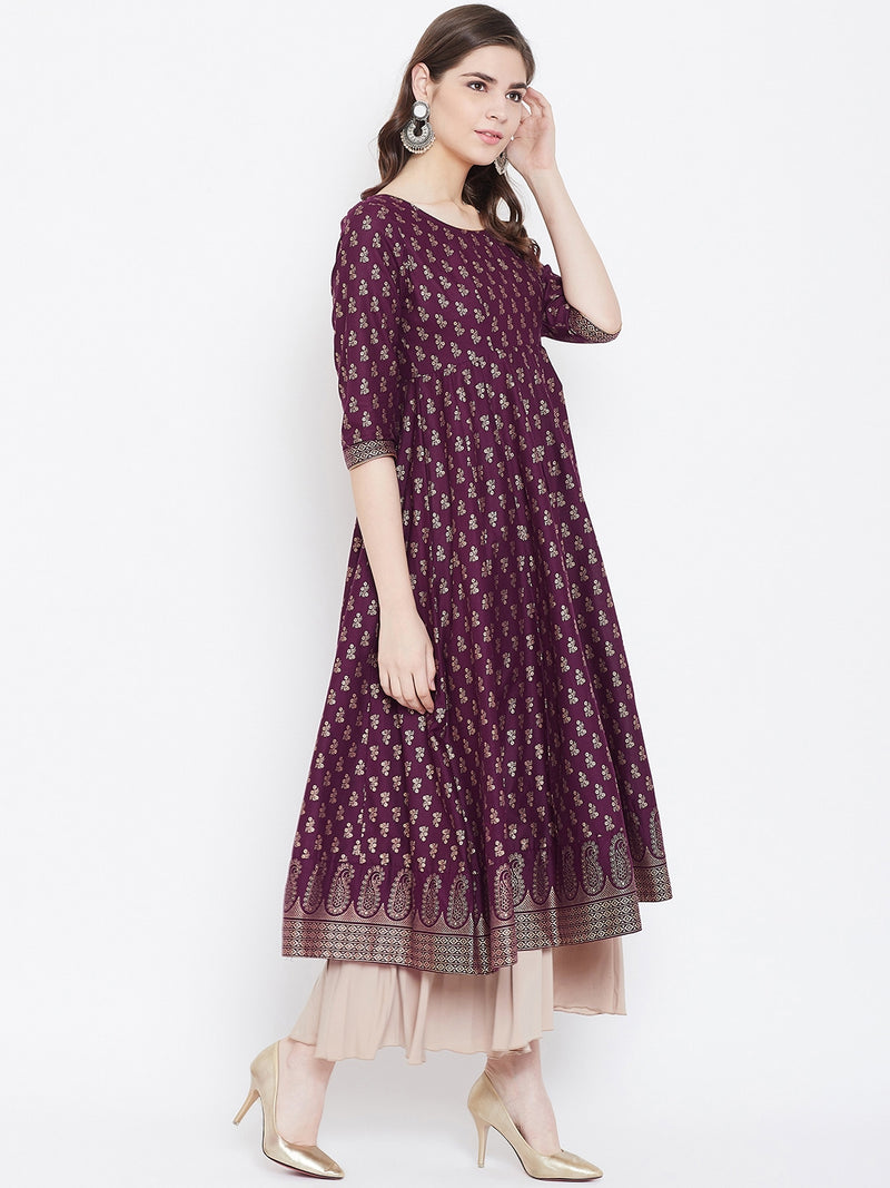 Poshak Hub Women Purple Cotton Golden Printed Anarkali Kurta.
