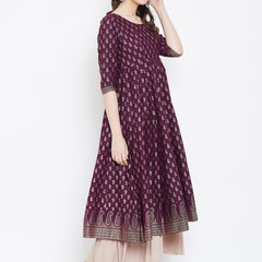 Poshak Hub Women Purple Cotton Golden Printed Anarkali Kurta.