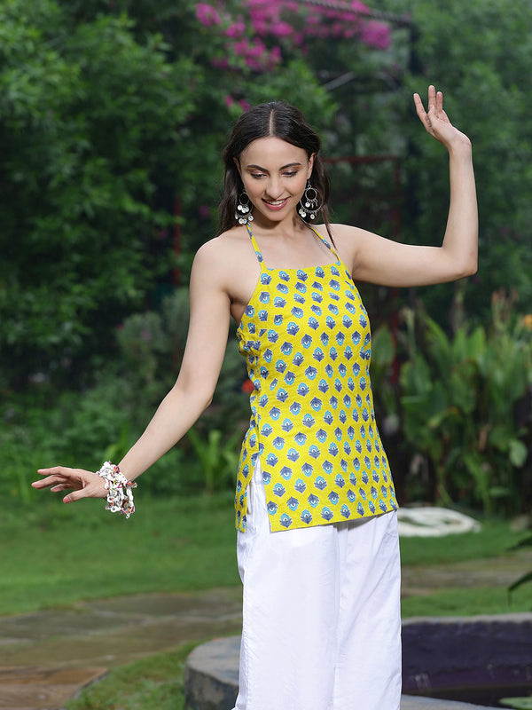 Women Yellow Ethnic Printed Halter Neck Tunic