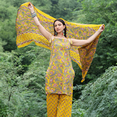 Women Mustard Yellow Floral Printed Straight Kurta with Printed Trousers & Dupatta (Set of 3)