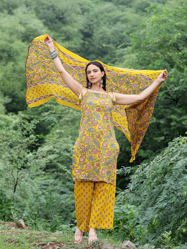 Women Mustard Yellow Floral Printed Straight Kurta with Printed Trousers & Dupatta (Set of 3)