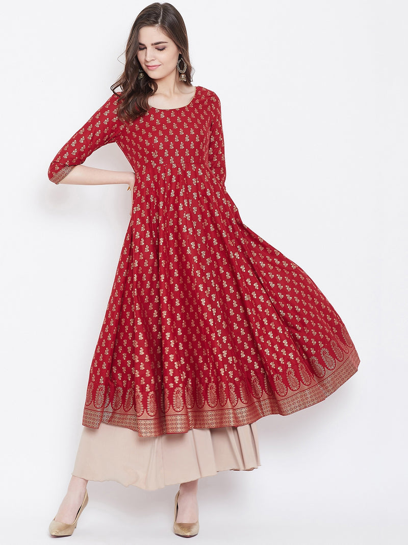 Poshak Hub Women Red Cotton Golden Printed Anarkali Kurta.