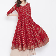 Poshak Hub Women Red Cotton Golden Printed Anarkali Kurta.