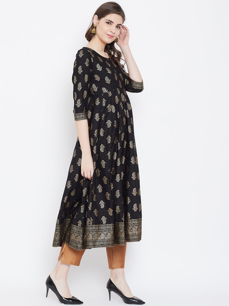 Poshak Hub Women Black Cotton Golden Printed Anarkali Kurta.