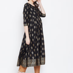 Poshak Hub Women Black Cotton Golden Printed Anarkali Kurta.