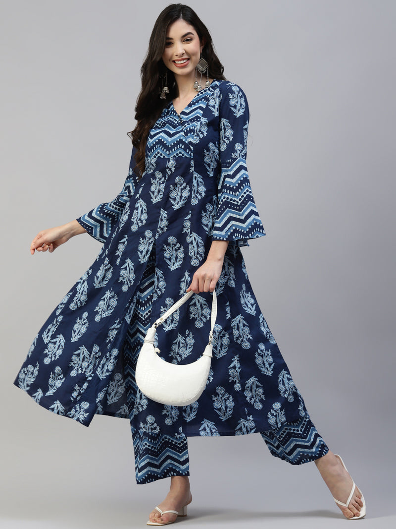 Poshak Hub Women Blue Cotton Printed Front Slit A-Line Kurta with Palazzo
