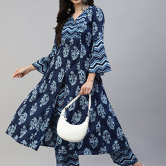 Poshak Hub Women Blue Cotton Printed Front Slit A-Line Kurta with Palazzo