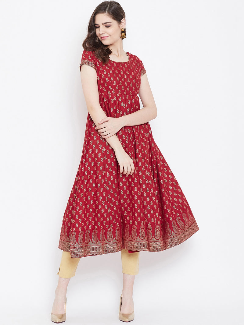 Poshak Hub Women Red Cotton Golden Printed Anarkali Kurta.