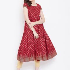Poshak Hub Women Red Cotton Golden Printed Anarkali Kurta.