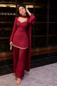 Maroon Kurta with Flared Palazzo Set with Golden Embellished Neckline