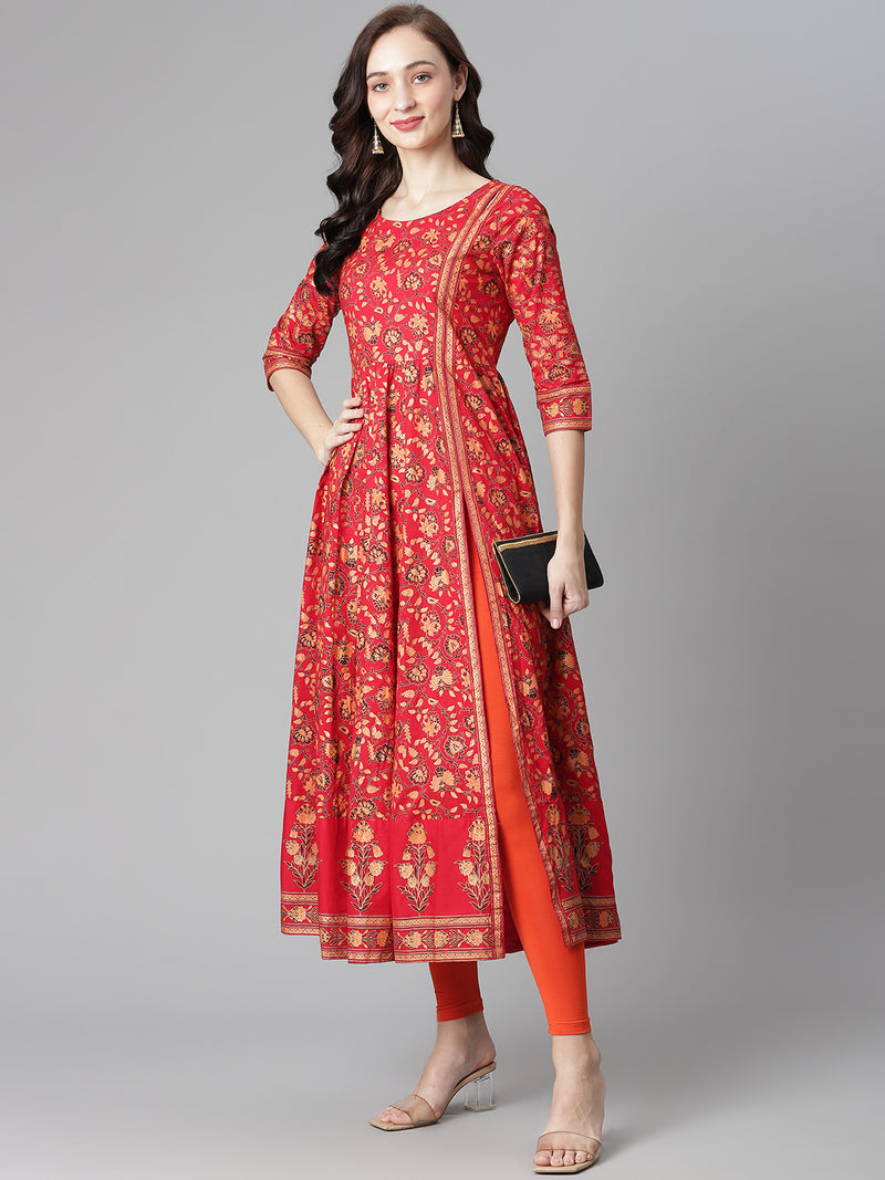 Poshak Hub Women Red Cotton Printed Anarkali Kurta.