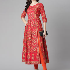Poshak Hub Women Red Cotton Printed Anarkali Kurta.