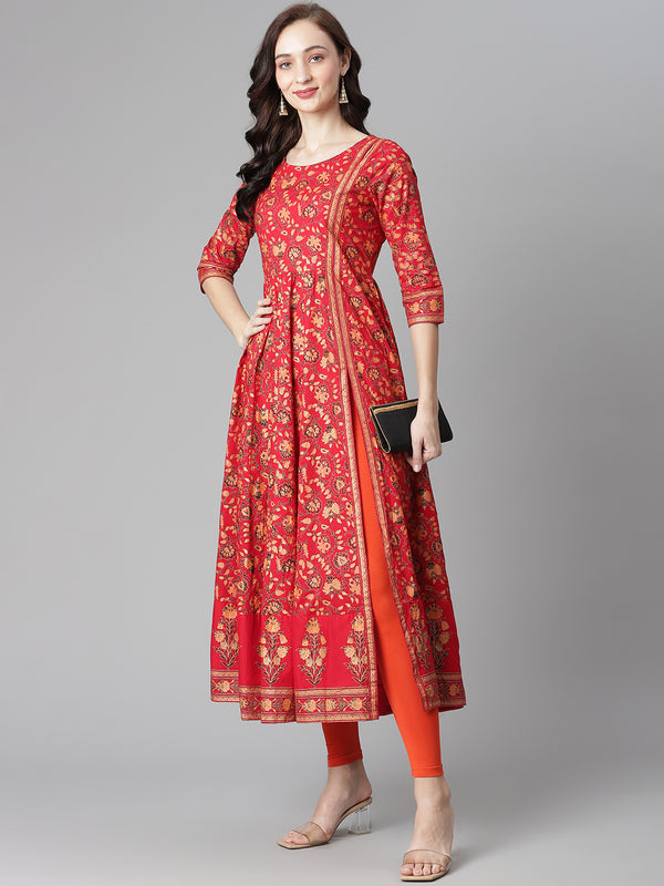 Poshak Hub Women Red Cotton Printed Anarkali Kurta.