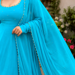 Turquoise Georgette Anarkali Suit Set with Dupatta
