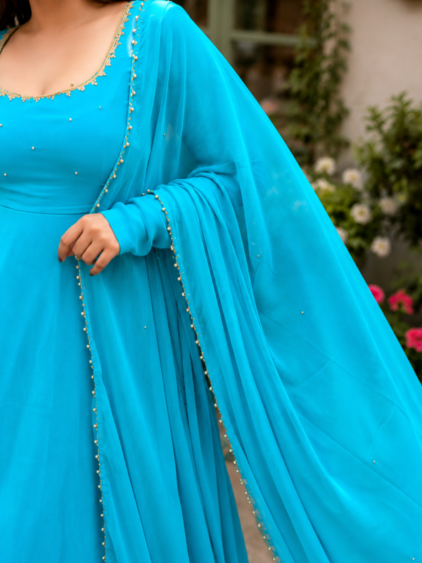 Turquoise Georgette Anarkali Suit Set with Dupatta