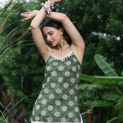 Women Olive Green Printed Sleeveless Shoulder Strap Tunic