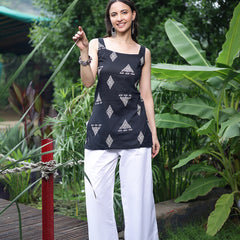 Women Black Geometric Printed Sleeveless Cotton Ethnic Top