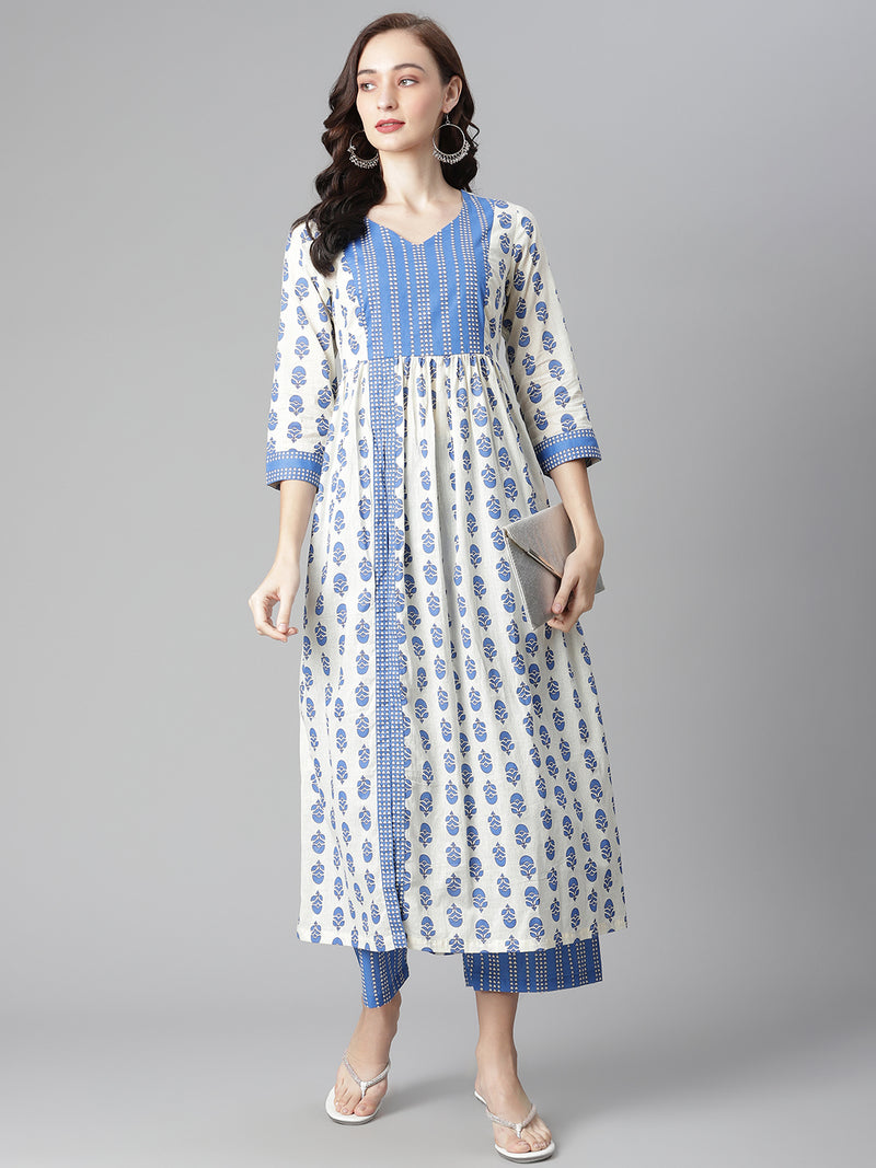 Poshak Hub Women White-Blue Cotton Printed Front Slit A-Line Kurta with Palazzo