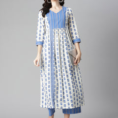 Poshak Hub Women White-Blue Cotton Printed Front Slit A-Line Kurta with Palazzo