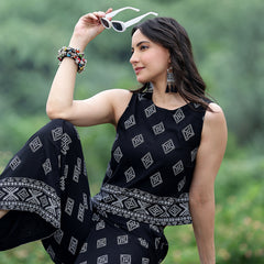 Women Black Rayon Ethnic Printed Sleeveless Top & Wide Leg Trouser Co-Ord Set | Casual Printed Co-Ord
