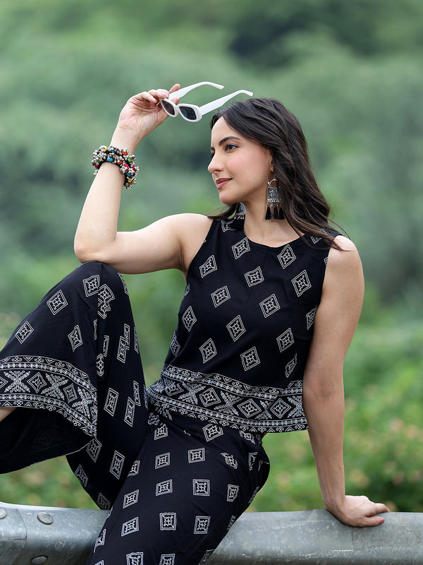 Women Black Rayon Ethnic Printed Sleeveless Top & Wide Leg Trouser Co-Ord Set | Casual Printed Co-Ord