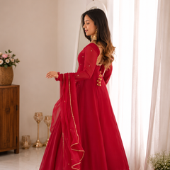 Ruby Red Embellished Anarkali Suit Set for Women