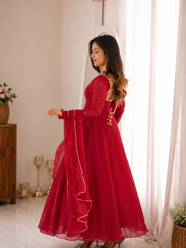 Ruby Red Embellished Anarkali Suit Set for Women